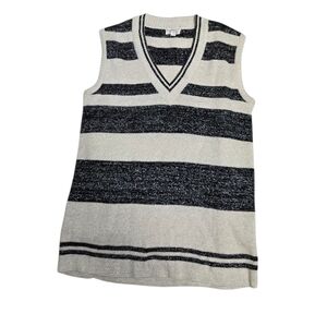 VINTAGE 60s metallic black and white‎ stripe v-neck Wednesday sweater vest S